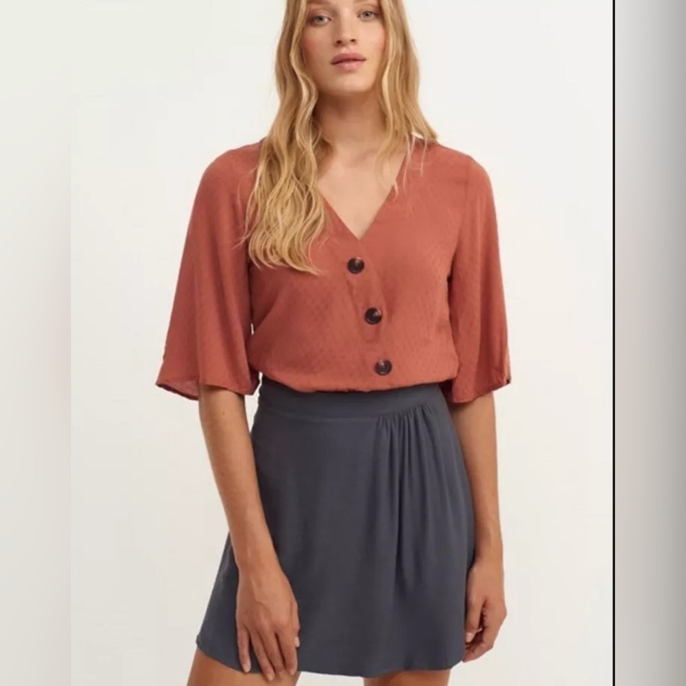 OXXO Burnt Orange Crepe Bell Sleeve Shirt Top Terra Rosa Coastal Cowgirl Sz Med